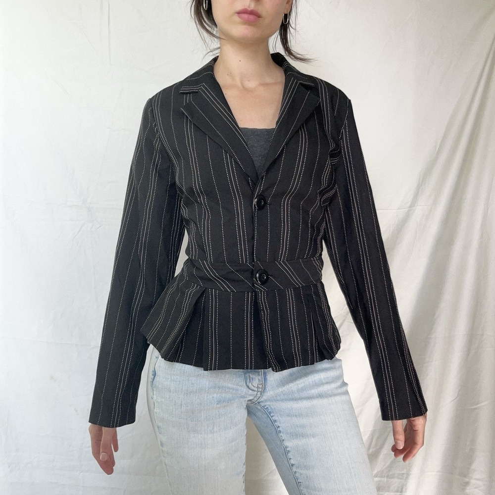 2000s NoBo Pink Black Pinstripe Peplum Blazer Button Detail Y2K Twee 90s